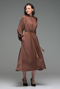 Pleated midi dress with knitted handmade rope tie belt brown