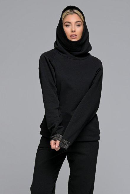 Cotton blend hoodie with knitted details black