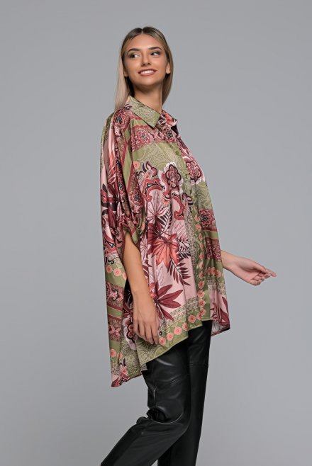 Satin floral print oversized shirt