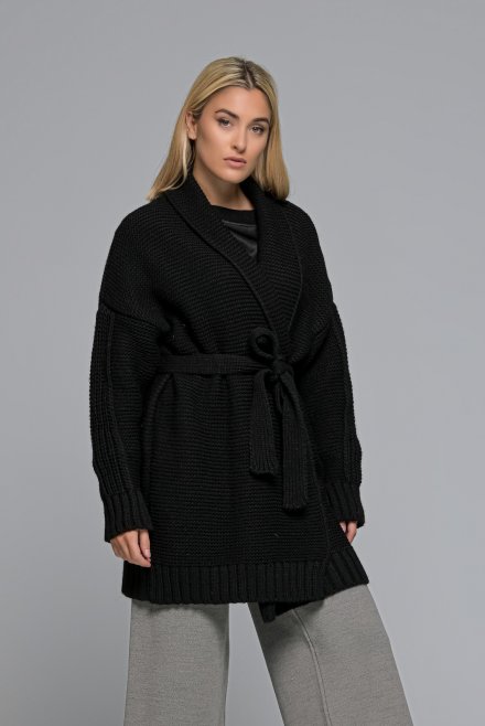 Wool blend oversized belted cardigan black