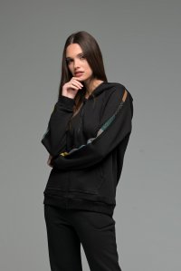 Cotton relaxed zipped hoodie with multicolored knitted details black