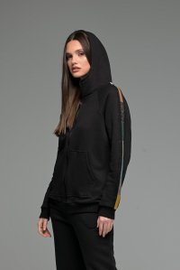Cotton relaxed zipped hoodie with multicolored knitted details black